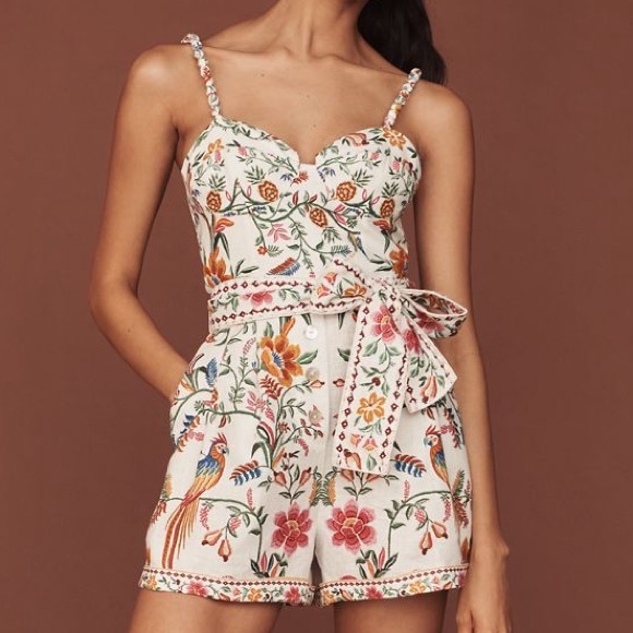 FARM Rio Pants - New FARM Rio Floral Sweetheart Neckline Belted Linen Romper